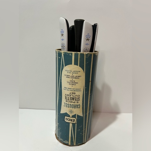 Set of 6 Ekco Vanadium Steak Knife w/holder & Potato Masher MCM Blue Dutch Tulip - Picture 1 of 16